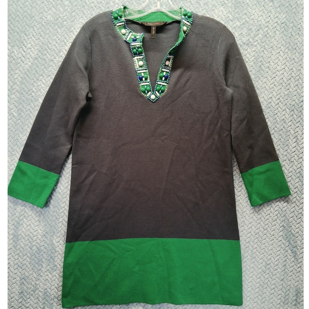 BCBGMAXAZRIA Silk Blend Beaded Colorblock Tunic Dress Gray Green Small Boho Knit